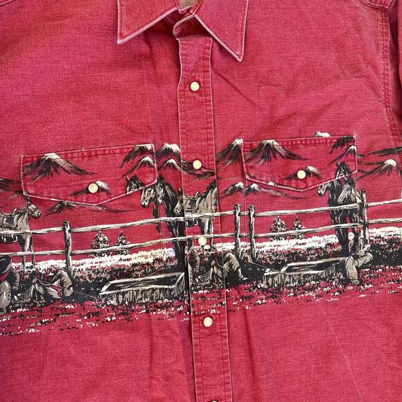 Wrangler Brushpopper Vintage Pearl Snap Shirt Horses Mountain Red Graphic Large - Picture 4 of 5